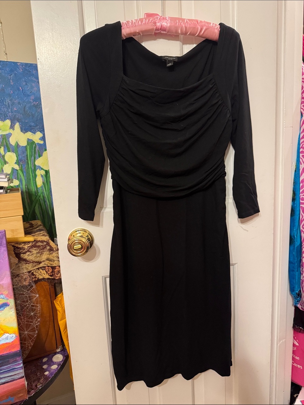 Ann Taylor Black Long Sleeve Ruched Bodice Dress